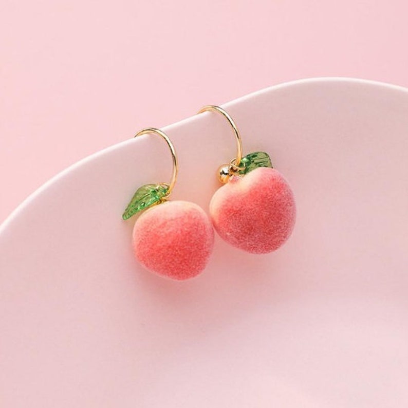 Dangle Drop Peach Earrings Vegan Leaf Earrings Fuzzy Earrings Cherry Leaf Earrings Fuzzy Fruit Earrings Huggie Earrings Peach Earrings