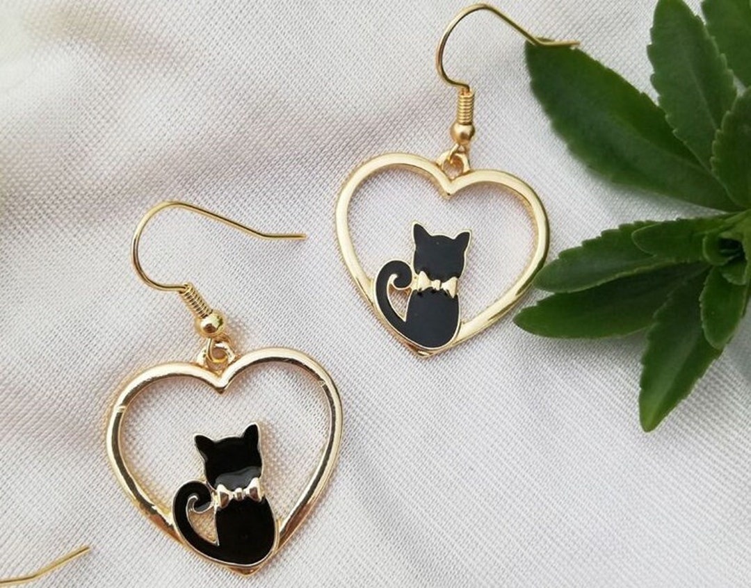 Boucles d'oreilles chats au clair de lune noir argenté blanc love my cat