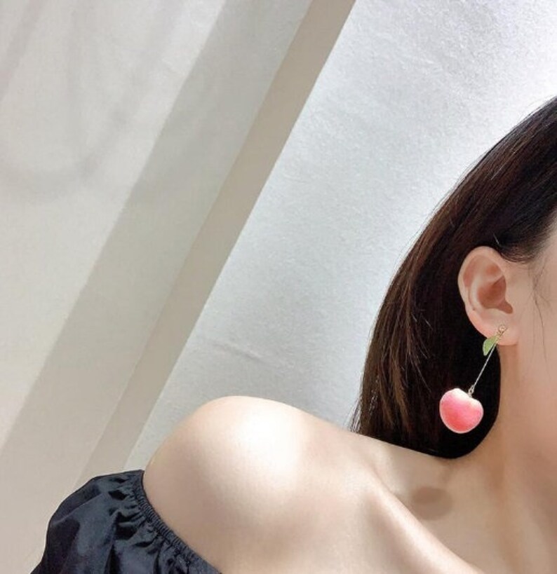 Dangle Drop Peach Earrings Vegan Leaf Earrings Fuzzy Earrings Cherry Leaf Earrings Fuzzy Fruit Earrings Huggie Earrings Peach Earrings