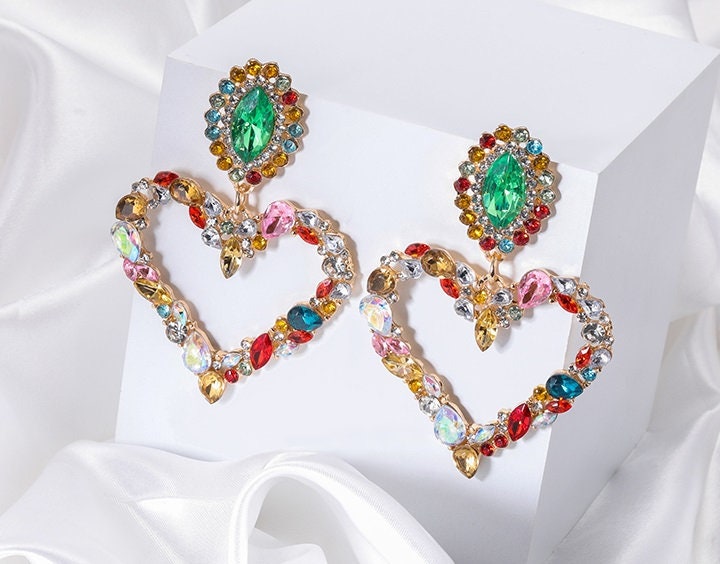 Heart Rhinestone Earrings Big Heart Earrings Colorful Heart Etsy