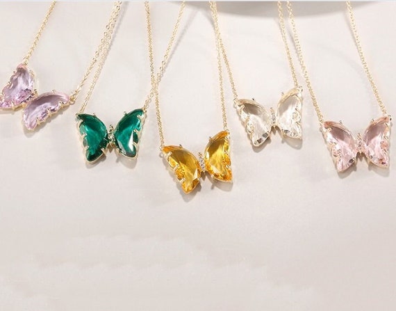 Butterfly Crystal Necklace Blue Butterfly Necklace Pink