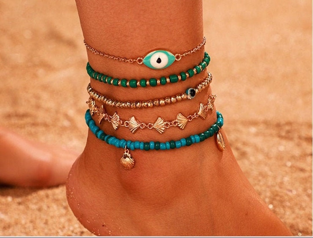 Evil Eye Anklet SET, Evil Eye Beaded Anklet, Summer Anklet, Anklet