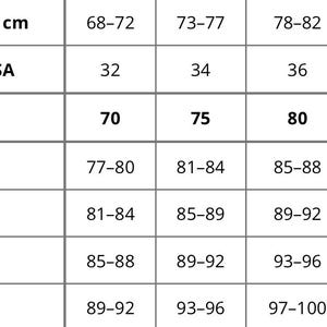 Pode incluir: Um gr&aacute;fico que mostra o tamanho do suti&atilde; com base na medida da parte inferior do peito em cent&iacute;metros e no tamanho da copa. O gr&aacute;fico inclui os tamanhos 32, 34, 36 e 38, com os tamanhos de copa A, B, C e D.
