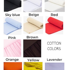 Pode incluir: Uma tabela de amostras de tecido de algod&atilde;o em v&aacute;rias cores, incluindo preto, branco, leite (branco quente), azul claro, bege, vermelho, rosa, marrom, laranja, amarelo e lavanda. O texto "COTTON COLORS" &eacute; exibido no centro da tabela.
