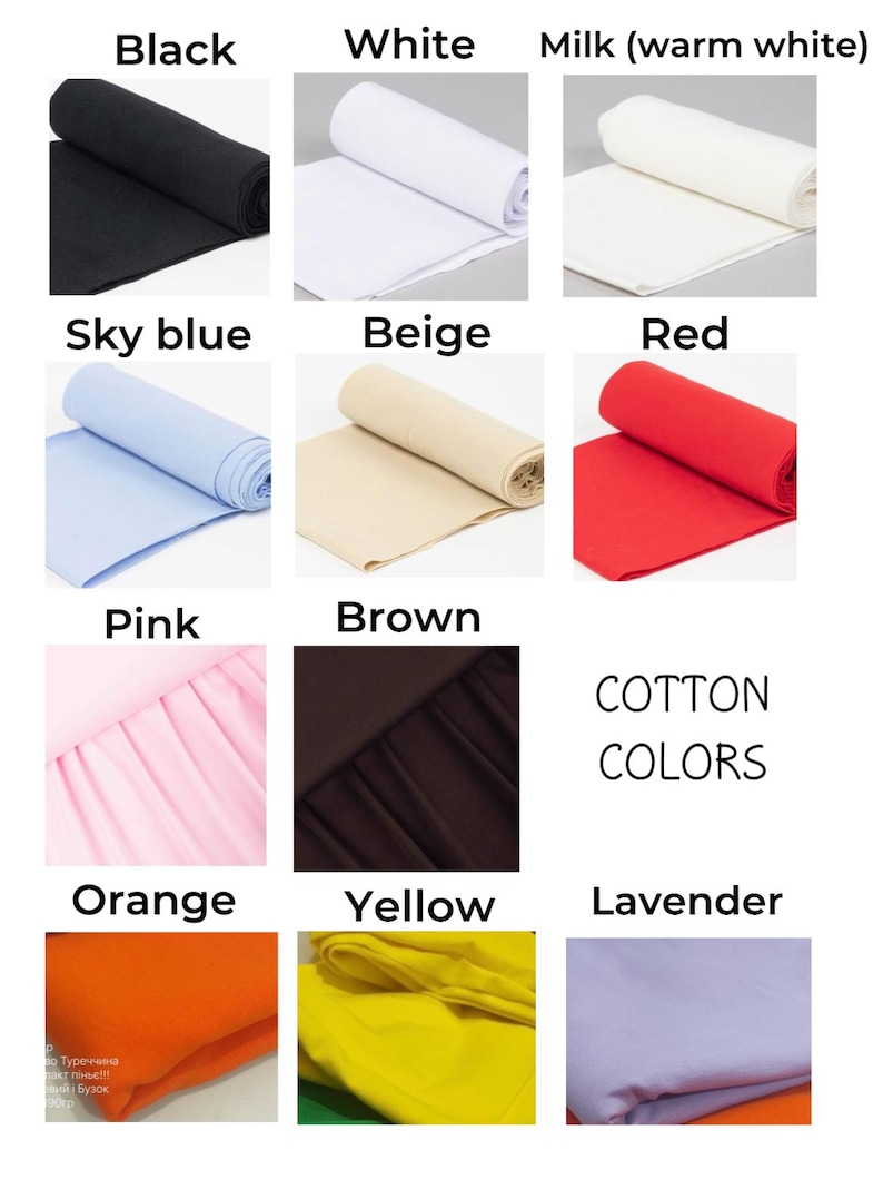 Pode incluir: Uma tabela de amostras de tecido de algod&atilde;o em v&aacute;rias cores, incluindo preto, branco, leite (branco quente), azul claro, bege, vermelho, rosa, marrom, laranja, amarelo e lavanda. O texto "COTTON COLORS" &eacute; exibido no centro da tabela.