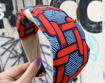 Diadema de algodón Ankara hecha a mano, estampado de nudo cuadrado rojo, turbante bohemio, guirnaldas urbanas