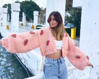 GlowbySely/ Watermelon Crop Woman Sweater/ Oversize Knitted Cardigan /Cropped Cardigan/ Woman Knitted Top/ Knit Cardigan/ Gift for her