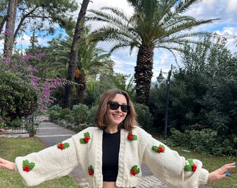 Women's Original Christmas Sweater/Handmade Cardigan/ Poinsettia Christmas Sweater/Hanknitted Cardigan/ Christmas Gift