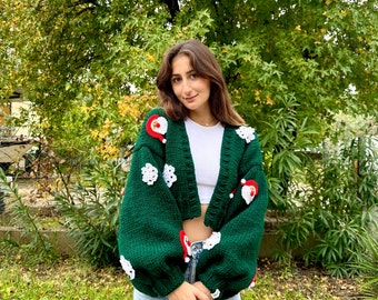 Women's Original Christmas Sweater/Handmade Cardigan/Dark Green Christmas Sweater/Hanknitted Cardigan/ Christmas Gift