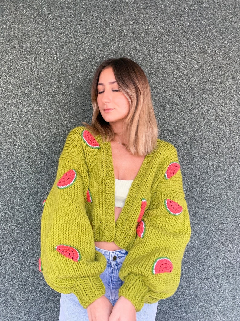 GlowbySely/ Watermelon Crop Woman Sweater/ Oversize Knitted Cardigan /Cropped Cardigan/ Woman Knitted Top/ Knit Cardigan/ Gift for her image 4