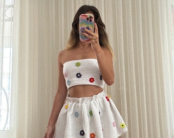 GlowbySely/ Kelly Skirt Set/ Crochet Flower Skirt Set/Colorful Flower Knitting Crop Top