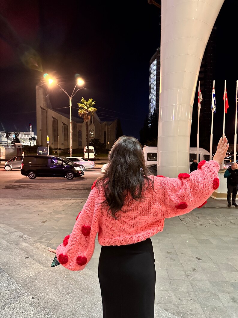 GlowbySely/ Pinky Heart Sweater/ Handmade / Oversized Cardigan/ Woman Knitted Top/Balloon Sleeve/ Knit Cardigan/ Gift for her image 8