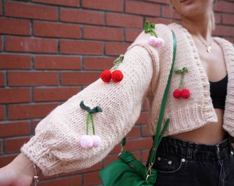 GlowbySely/ Cherry Chunky Crop Woman Sweater/ Oversize Knitted Chunky Knit /Cropped Cardigan/ Woman Knitted Top/ Knit Cardigan/ Gift for her