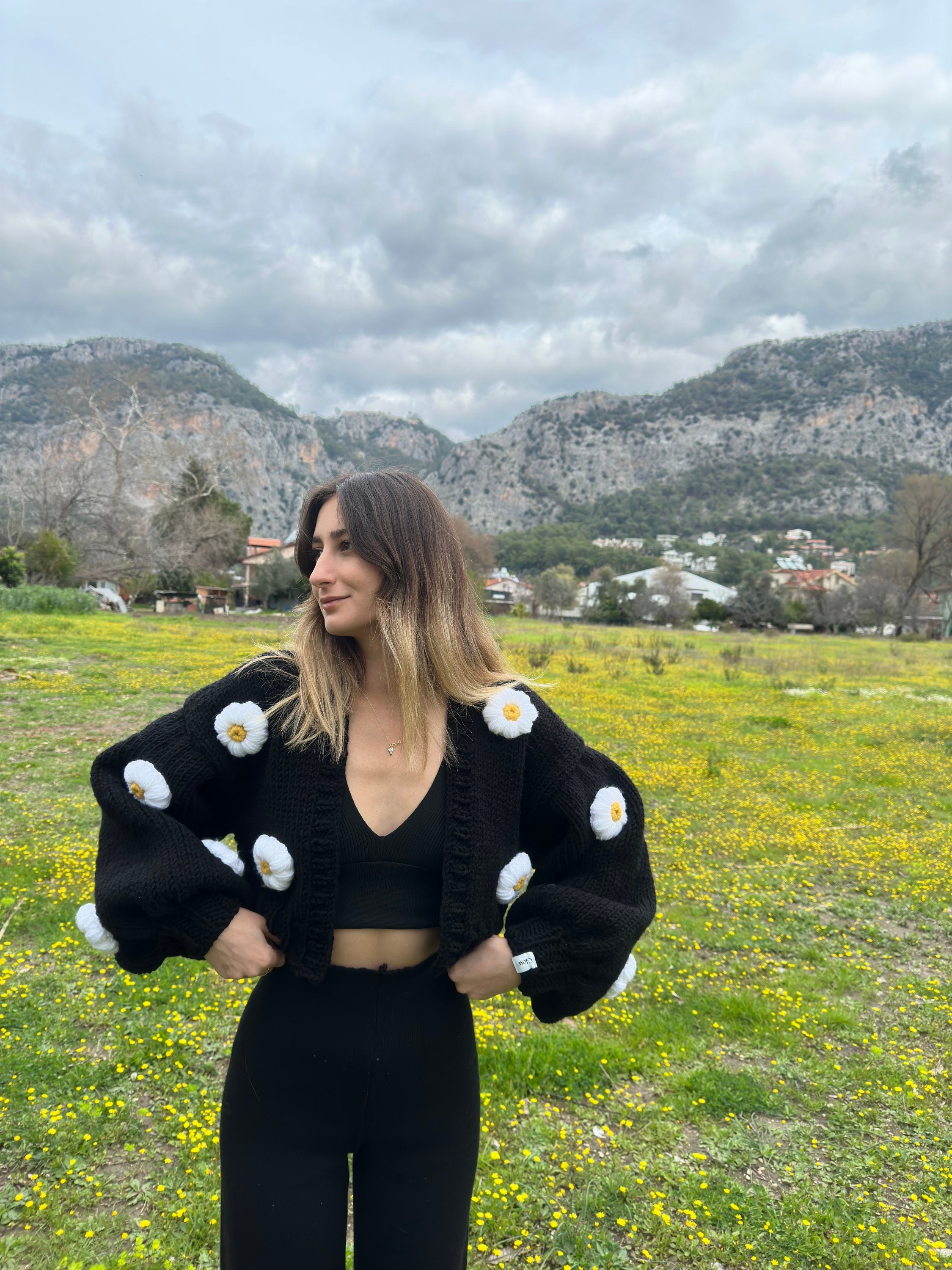 Glowbysely/ Black Flower Cardigan / Chunky Knit Sweater for Women