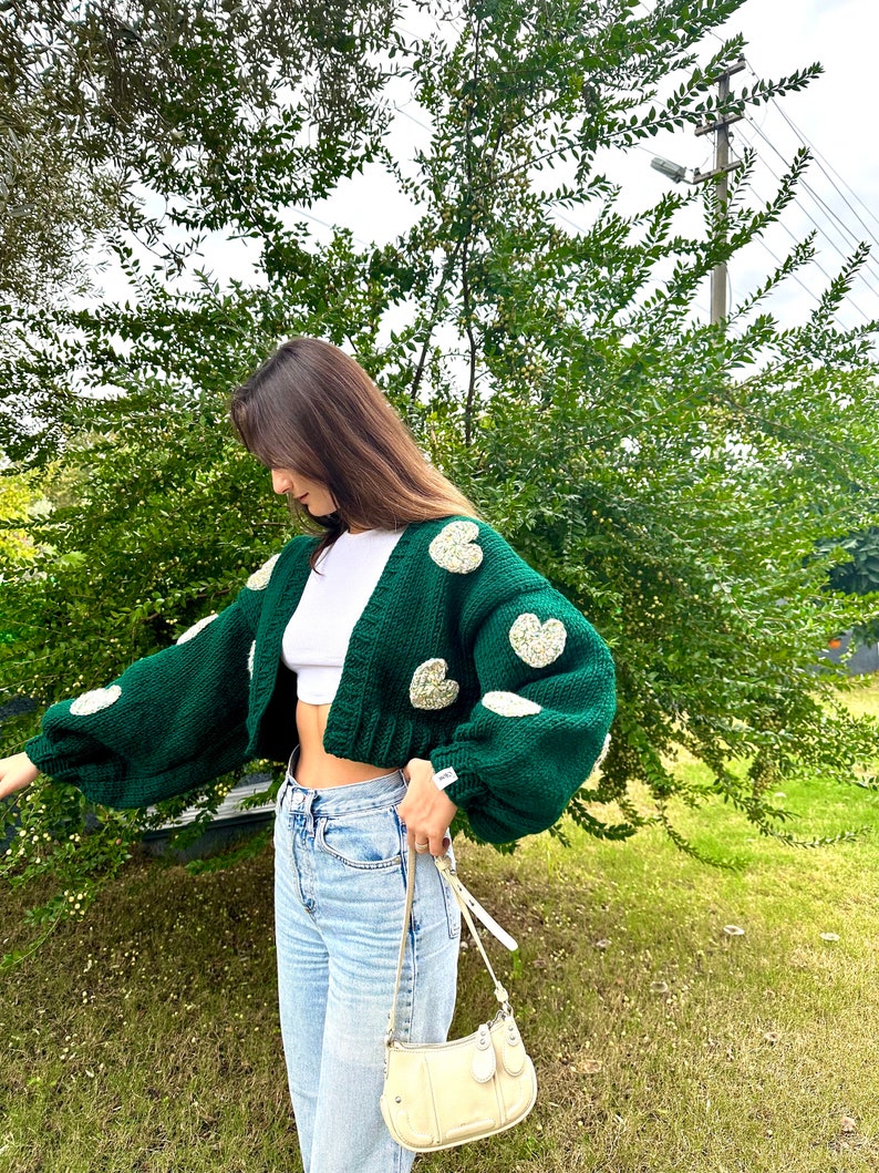 GlowbySely/ Dark Green Love Sweater/ Handmade / Oversize/ Cropped Cardigan/ Woman Knitted Top/Balloon Sleeve/ Knit Cardigan/ Gift for her image 8