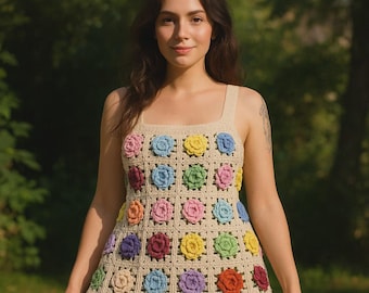 GlowbySely/ Rose Kelly Dress/ Crochet Granny Square / Colotful Knitting / Gift for her