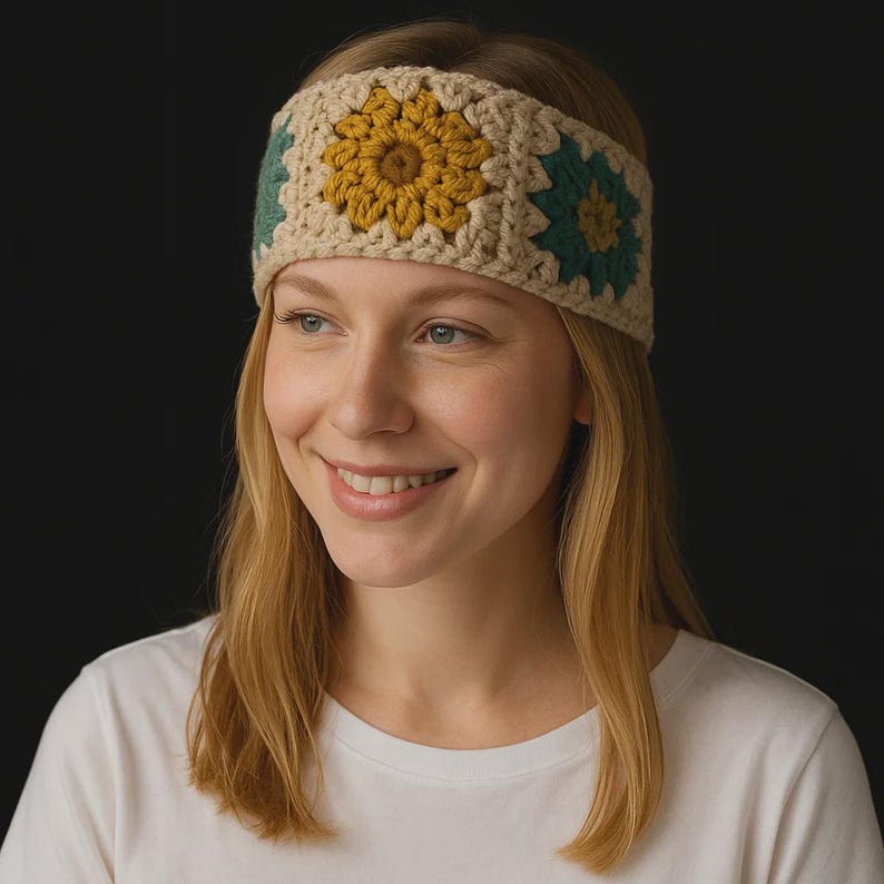 May include: A crocheted headband featuring a floral design. The headband is made of beige yarn with three square floral motifs in yellow and teal. The woman in the image is wearing a white t-shirt.