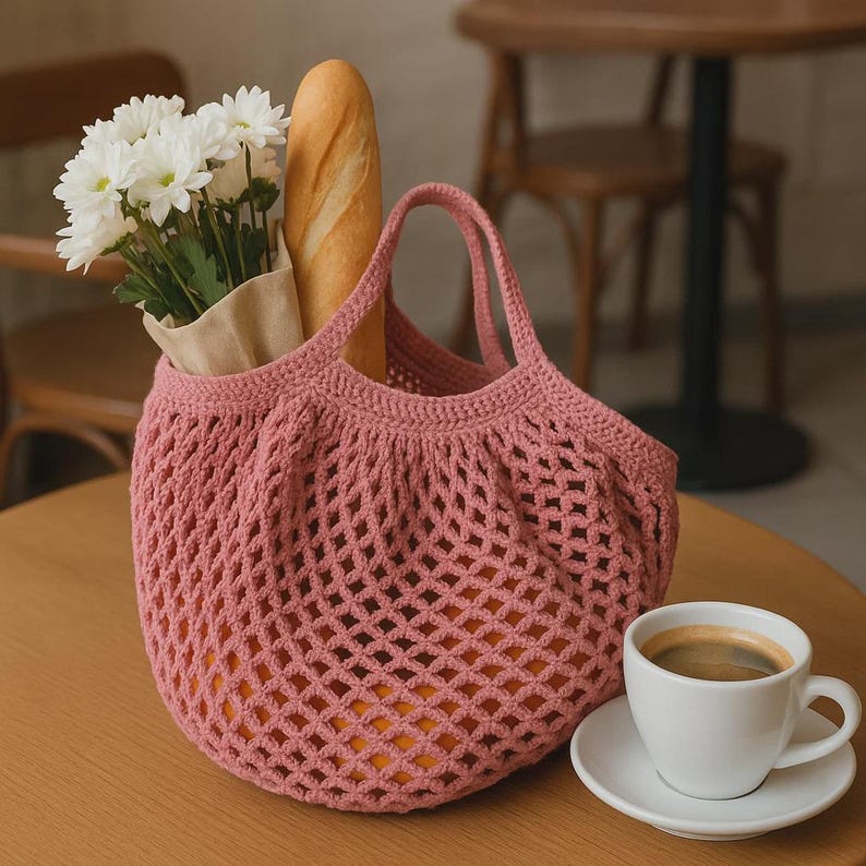 Puede incluir: Una bolsa de red rosa tejida a ganchillo llena de naranjas, una baguette y flores blancas. Una taza de caf&eacute; blanca est&aacute; sobre un platillo junto a la bolsa. La bolsa tiene dos asas y un dise&ntilde;o de malla.
