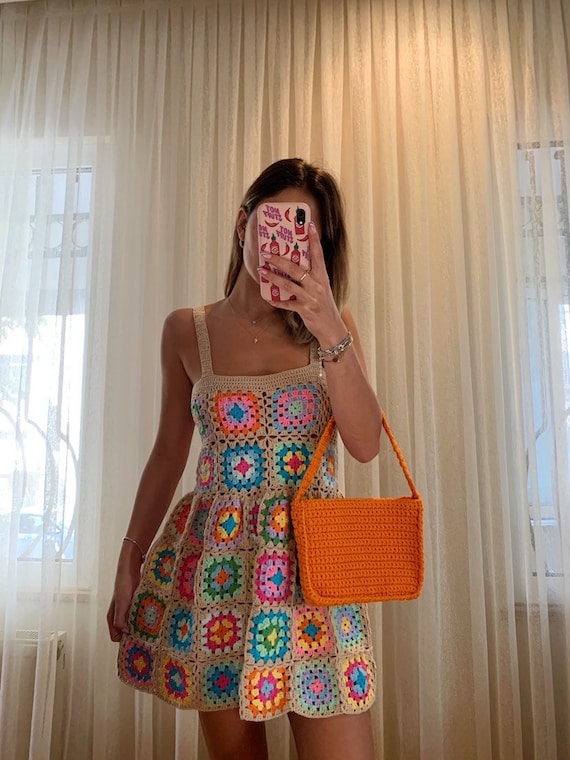 Glowbysely/ Kelly Dress/ Crochet Granny Square / Colotful 