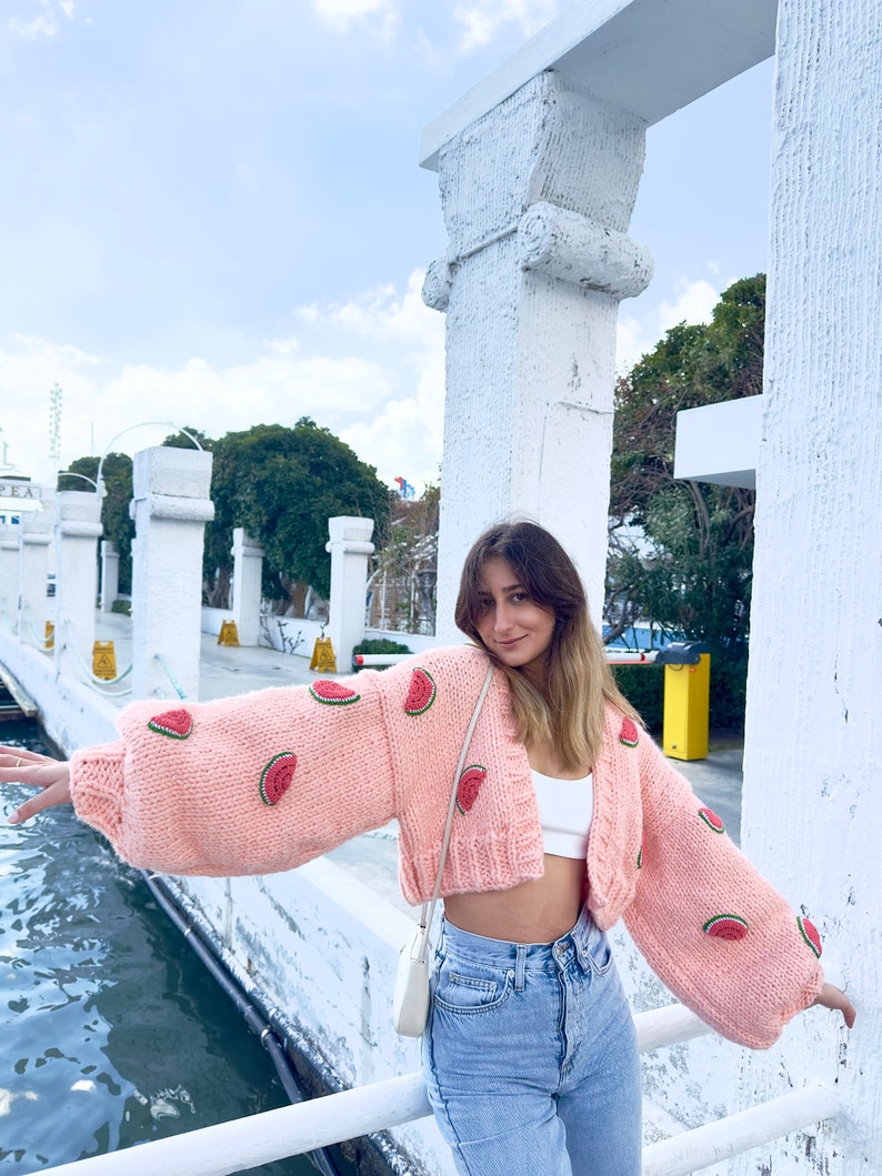 GlowbySely/ Watermelon Crop Woman Sweater/ Oversize Knitted Cardigan /Cropped Cardigan/ Woman Knitted Top/ Knit Cardigan/ Gift for her image 2