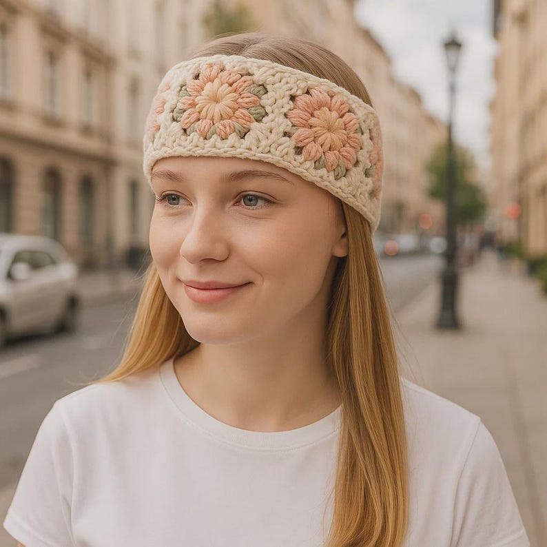 May include: Cream-colored crochet headband featuring three floral designs in peach and green. The headband is worn across the forehead. The model is wearing a white t-shirt.