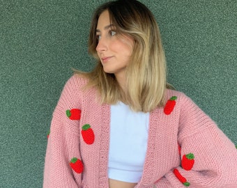 GlowbySely Handmade Pink Strawberry Cardigan / Unique Knit Winter Wear / Wool&Acrylic / Gift for her