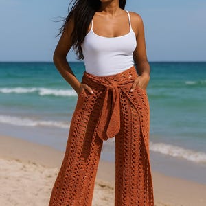 Crochet Wide Leg Pants Pattern – Summer Beach Trousers with Tie Belt – Digital Download PDF Tutorial