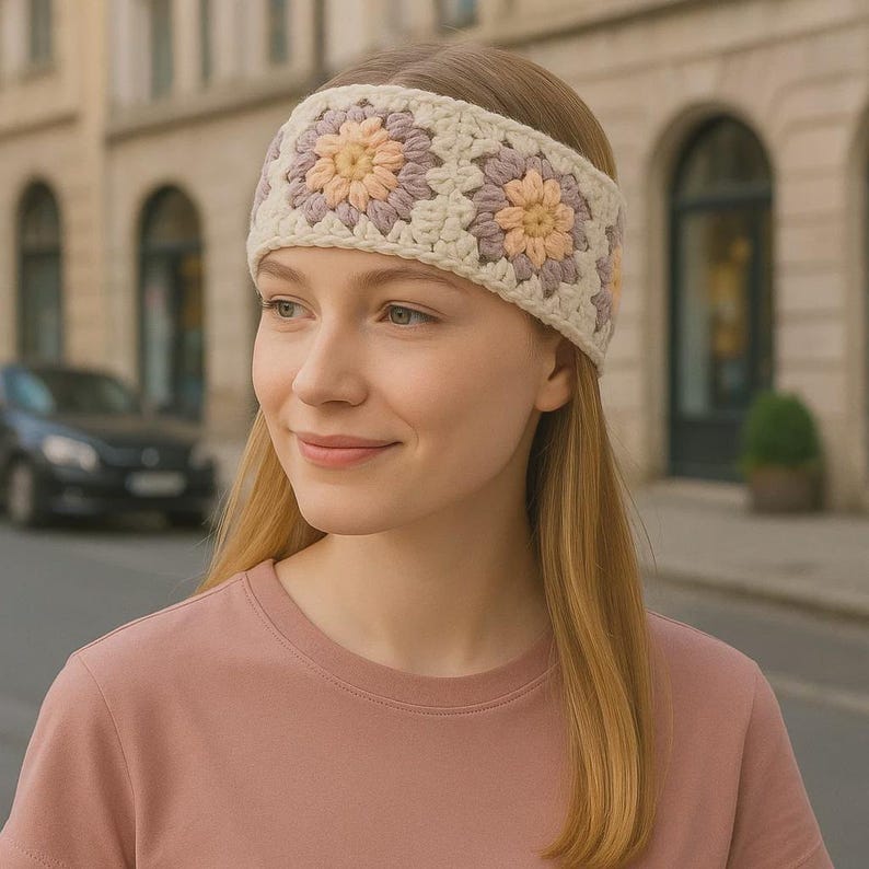 May include: A cream-colored crochet headband with floral designs in peach and lavender. The headband is wide and covers the forehead, with a repeating pattern of square floral motifs. The background shows a blurred street scene.