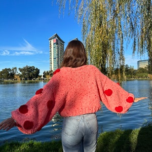 GlowbySely/ Pinky Heart Sweater/ Handmade / Oversized Cardigan/ Woman Knitted Top/Balloon Sleeve/ Knit Cardigan/ Gift for her image 2