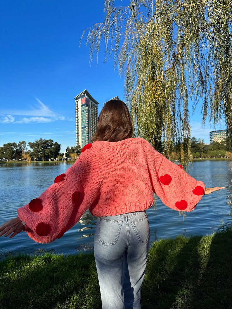 GlowbySely/ Pinky Heart Sweater/ Handmade / Oversized Cardigan/ Woman Knitted Top/Balloon Sleeve/ Knit Cardigan/ Gift for her image 2