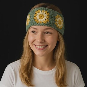 May include: A crocheted headband in a granny square pattern. The headband is primarily green with yellow and cream-colored flower motifs. The headband is worn on the head.