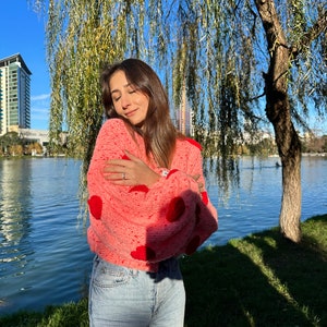 GlowbySely/ Pinky Heart Sweater/ Handmade / Oversized Cardigan/ Woman Knitted Top/Balloon Sleeve/ Knit Cardigan/ Gift for her image 5