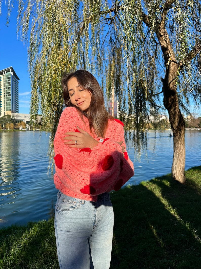 GlowbySely/ Pinky Heart Sweater/ Handmade / Oversized Cardigan/ Woman Knitted Top/Balloon Sleeve/ Knit Cardigan/ Gift for her image 5