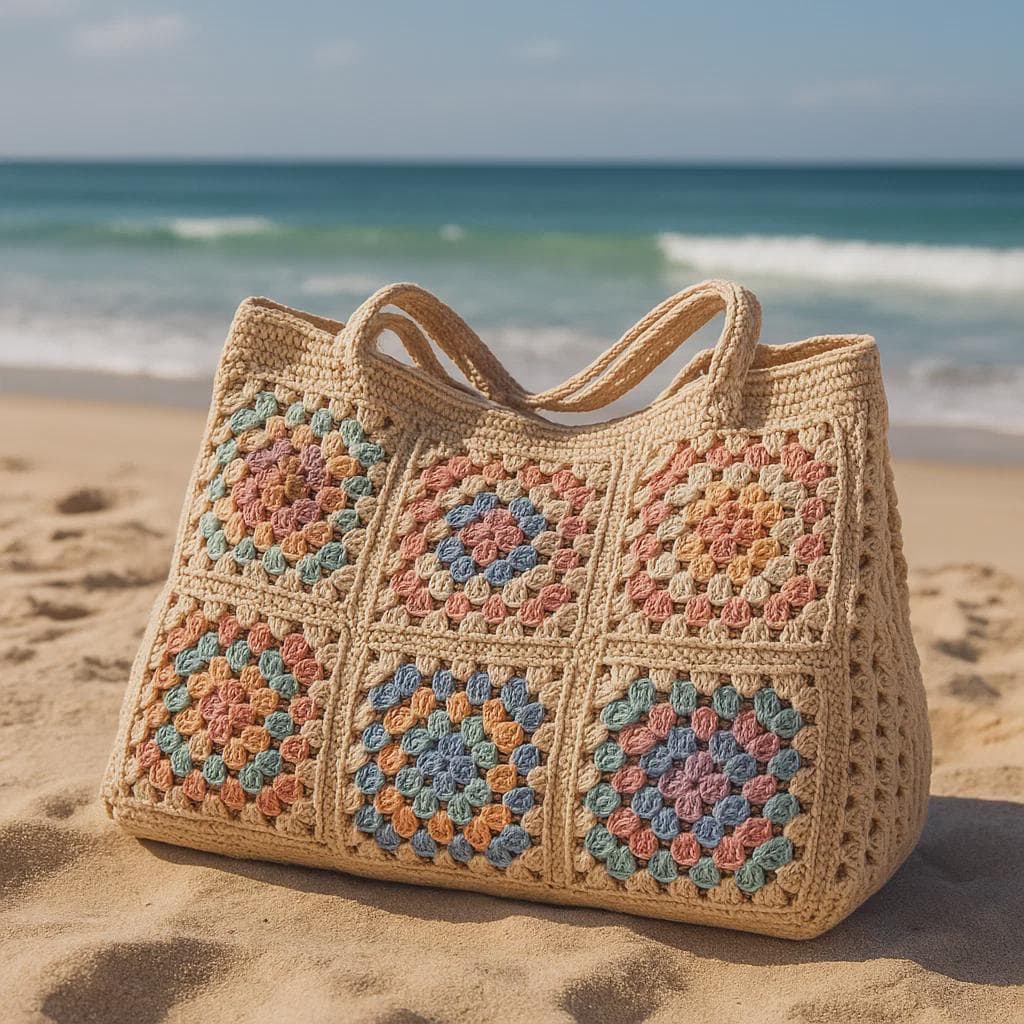 Sac De Plage Tricoté En Forme De Cœur - 32x32cm, Beige, Fourre-tout Léger Pour Femme - 6