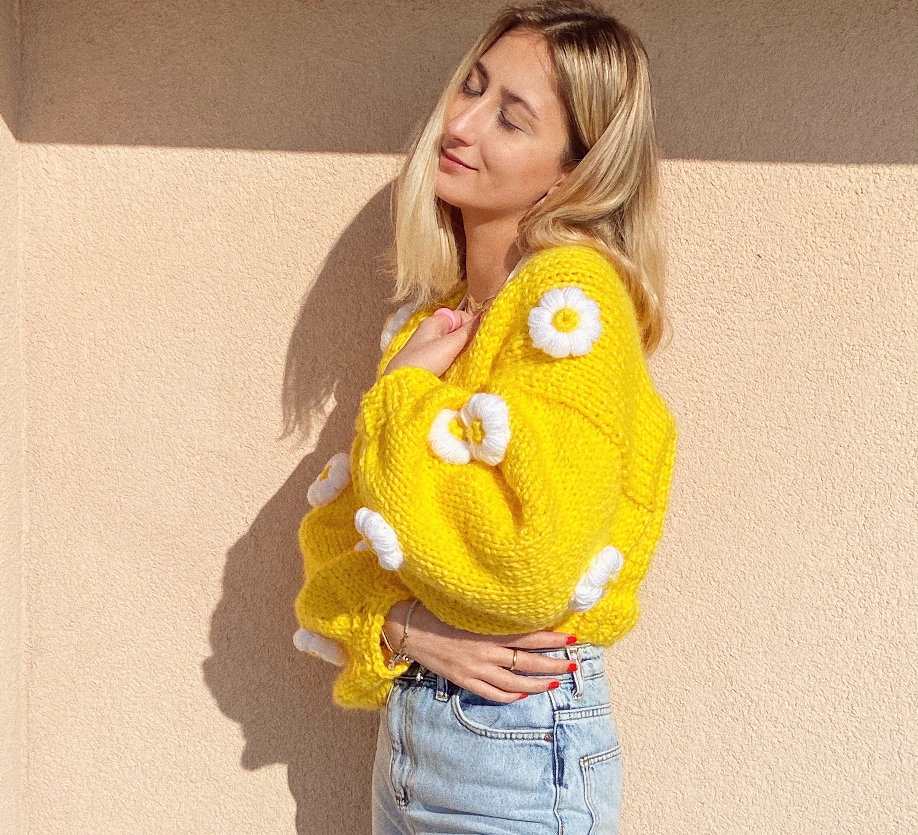 Glowbysely/yellow Flowers Cardigan / Handmade/ Oversize