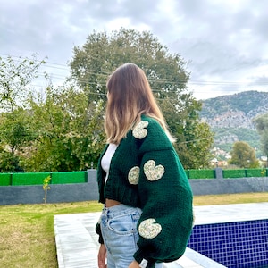 GlowbySely/ Dark Green Love Sweater/ Handmade / Oversize/ Cropped Cardigan/ Woman Knitted Top/Balloon Sleeve/ Knit Cardigan/ Gift for her image 2