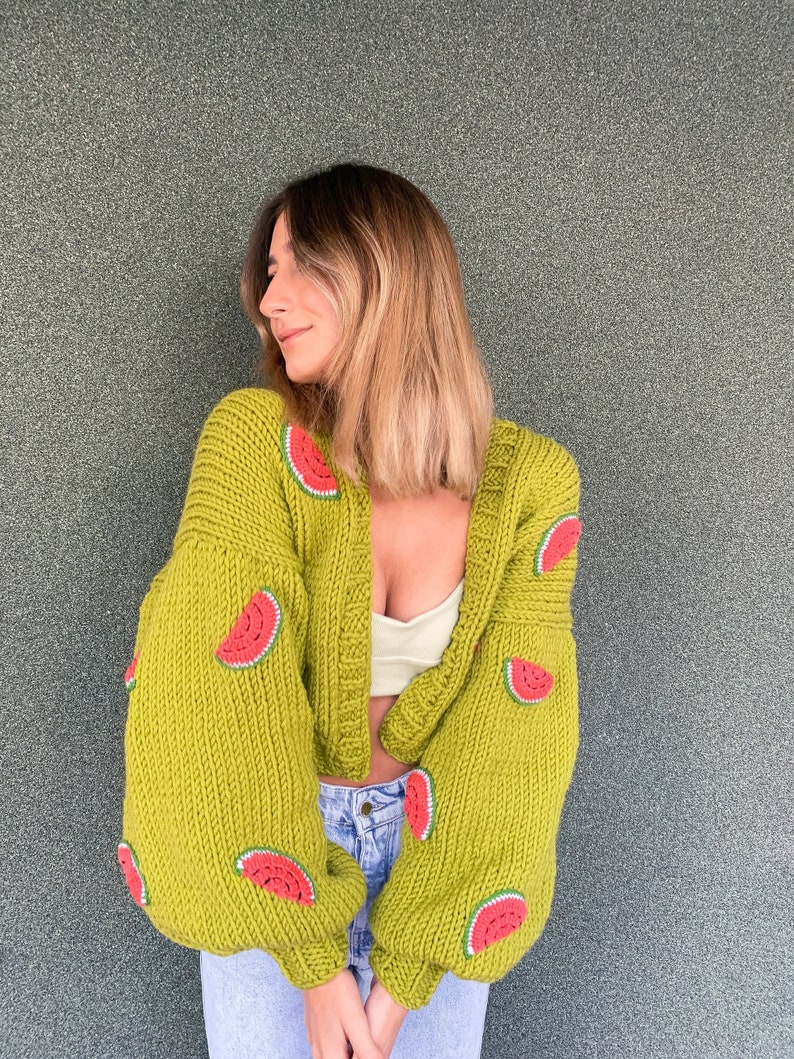 GlowbySely/ Watermelon Crop Woman Sweater/ Oversize Knitted Cardigan /Cropped Cardigan/ Woman Knitted Top/ Knit Cardigan/ Gift for her image 2