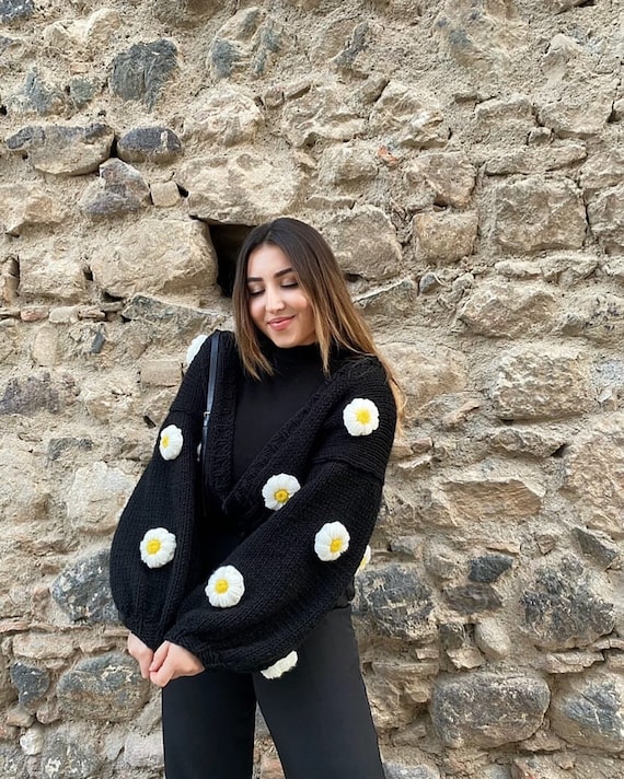 Glowbysely/ Black Flower Cardigan / Chunky Knit Sweater for Women