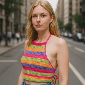 K&ouml;nnte beinhalten: Handgeh&auml;keltes Halterneck-Top mit horizontalen Streifen in Pink, Gr&uuml;n, Orange, Lila und Blau. Das Top wird im Nacken und am R&uuml;cken gebunden und mit einer Jeans getragen. Der Hintergrund ist eine Stadtstra&szlig;e.