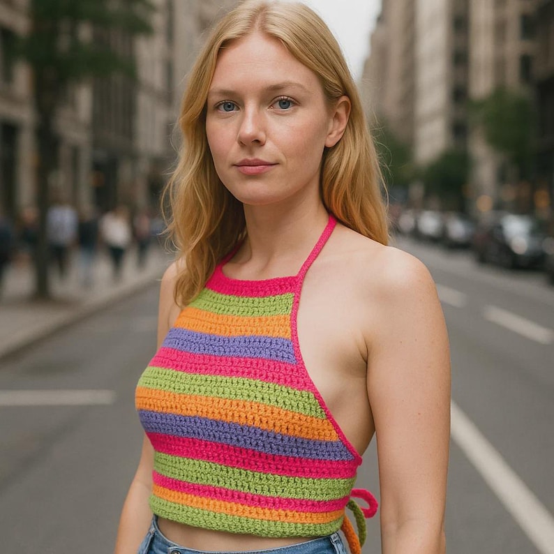 K&ouml;nnte beinhalten: Handgeh&auml;keltes Halterneck-Top mit horizontalen Streifen in Pink, Gr&uuml;n, Orange, Lila und Blau. Das Top wird im Nacken und am R&uuml;cken gebunden und mit einer Jeans getragen. Der Hintergrund ist eine Stadtstra&szlig;e.