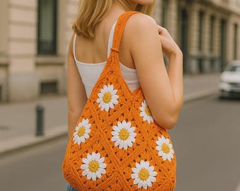 Patrón de crochet – Bolso cuadrado Daisy Grandma – Tutorial en PDF – Patrón de bolso bohemio floral – Descarga instantánea