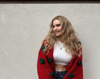 Women's Original Christmas Sweater/Handmade Cardigan/Red Christmas Sweater/Hanknitted Cardigan/ Christmas Gift