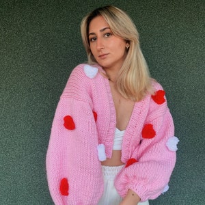 GlowbySely/ Pinky Love Sweater/ Handmade / Oversize/ Cropped Cardigan/ Woman Knitted Top/Balloon Sleeve/ Knit Cardigan/ Gift for her