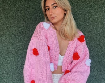 GlowbySely/ Pinky Love Sweater/ Handmade / Oversize/ Cropped Cardigan/ Woman Knitted Top/Balloon Sleeve/ Knit Cardigan/ Gift for her