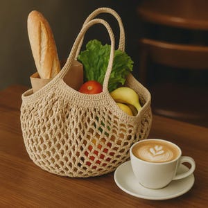 Puede incluir: Un bolso tote de crochet beige lleno de comestibles, incluyendo una baguette, lechuga, un tomate y pl&aacute;tanos. Una taza blanca de caf&eacute; con arte latte est&aacute; sobre un platillo junto a la bolsa, todo sobre una superficie de madera.