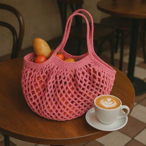 Puede incluir: Una bolsa de red rosa tejida a ganchillo llena de tomates y una baguette est&aacute; sobre una mesa de madera. Una taza y un platillo blancos con arte latte est&aacute;n al lado de la bolsa. La bolsa tiene dos asas.
