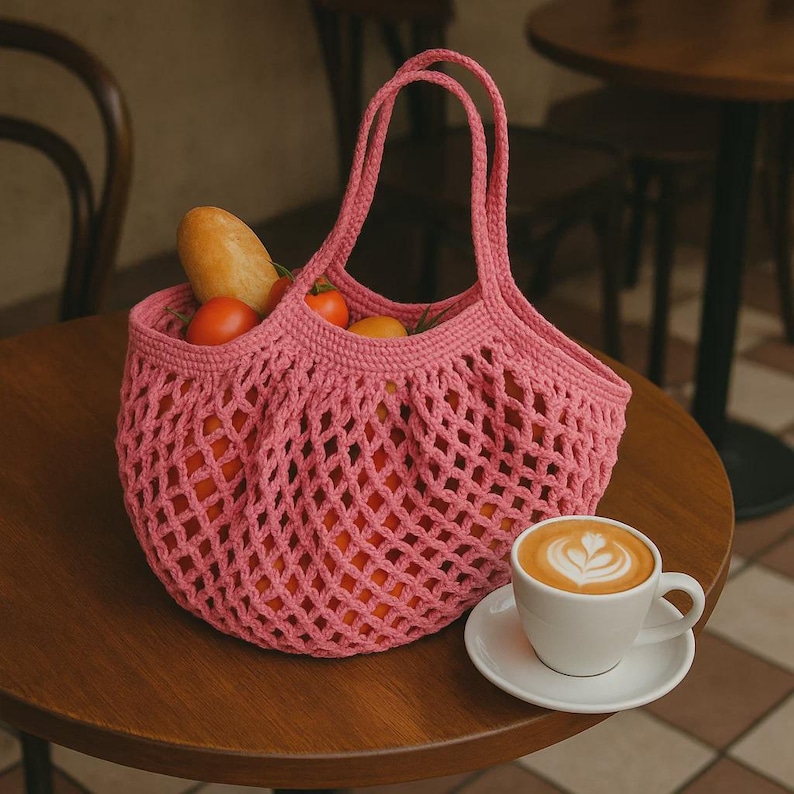 Puede incluir: Una bolsa de red rosa tejida a ganchillo llena de tomates y una baguette est&aacute; sobre una mesa de madera. Una taza y un platillo blancos con arte latte est&aacute;n al lado de la bolsa. La bolsa tiene dos asas.