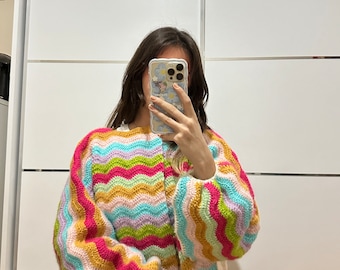 GlowbySely/ Rainbow Candy Cardigan/ Oversize Knitted Chunky Cardigan/Gift For Her/Handmade Cardigan/ Knitted Crop Sweater