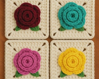 Custom 3D Rose Granny Squares – Handmade Crochet Flowers – Available in Sets of 10, 20, 30, 40, or 50 – Choose Your Colors!