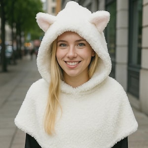 Cute Cat Ear Hood | Soft Fleece Sherpa Hooded Cape | Fluffy Animal Costume Hood | Cozy Winter Cat Ear Hat | Kawaii Cat Hood for Women